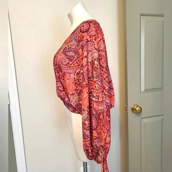 NWT Umgee Multicolored Paisley Print Long Balloon Puff Sleeve V-Neck Blouse(S) - Picture 7 of 13